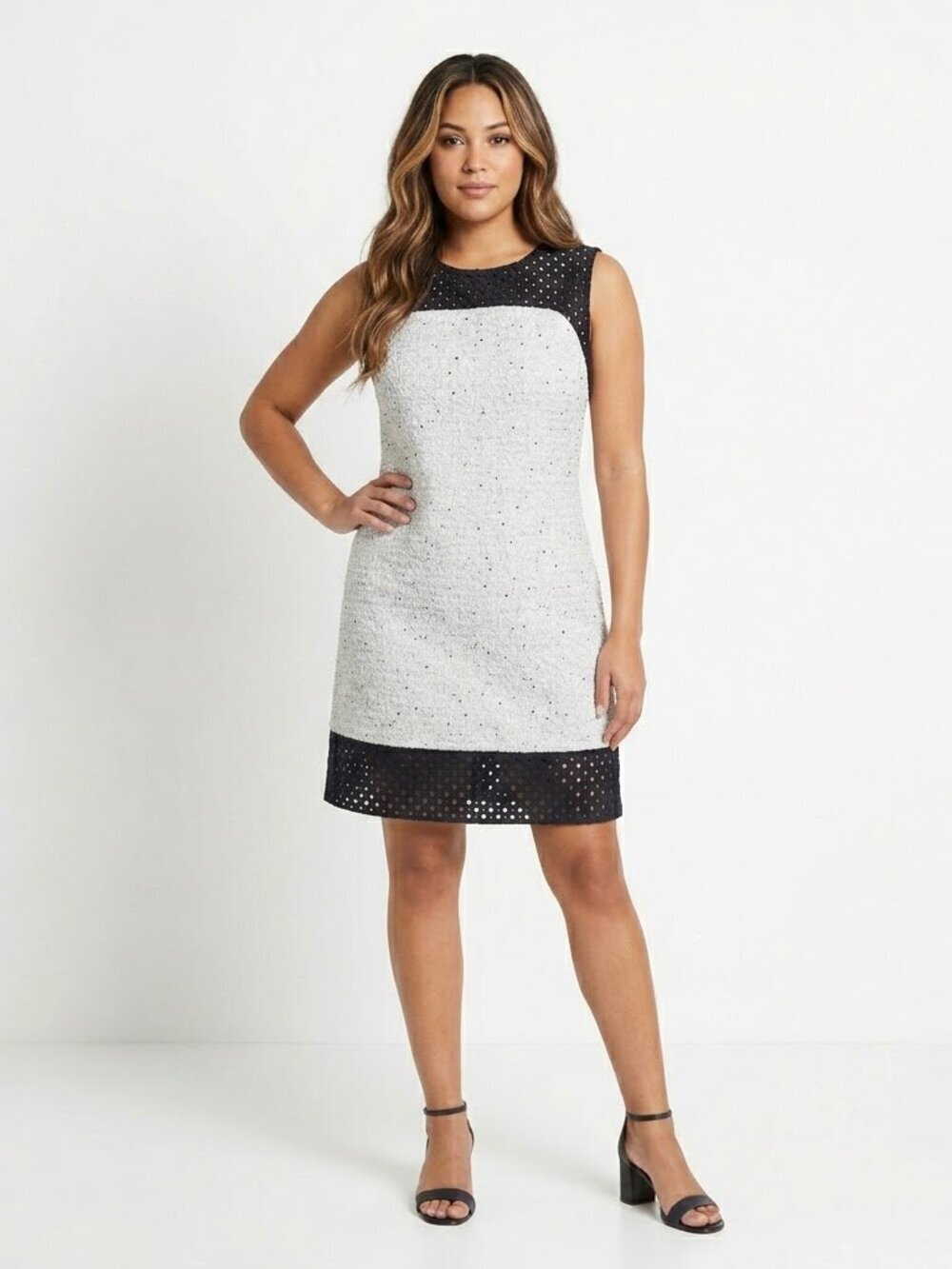 Ann Taylor Shift Dress Size 14 White Beige Black Eyelet Bodice Hem Sleeveless